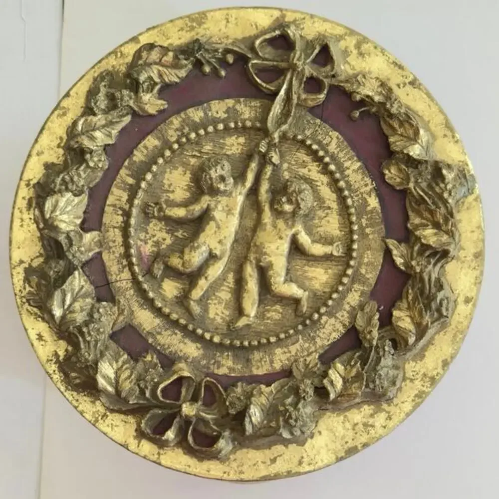 12” Paper Mache Round Box Ornate Gold and Maroon Cherub Decor Victorian Style